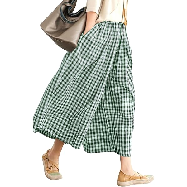 Leyoutx Women's Cotton Linen Wide Leg Culottes Pants Elastic Waist